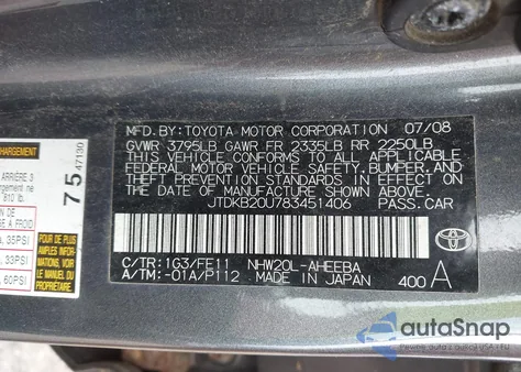 2008 Toyota Prius z USA, uszkodzony, nr VIN JTDKB20U783451406